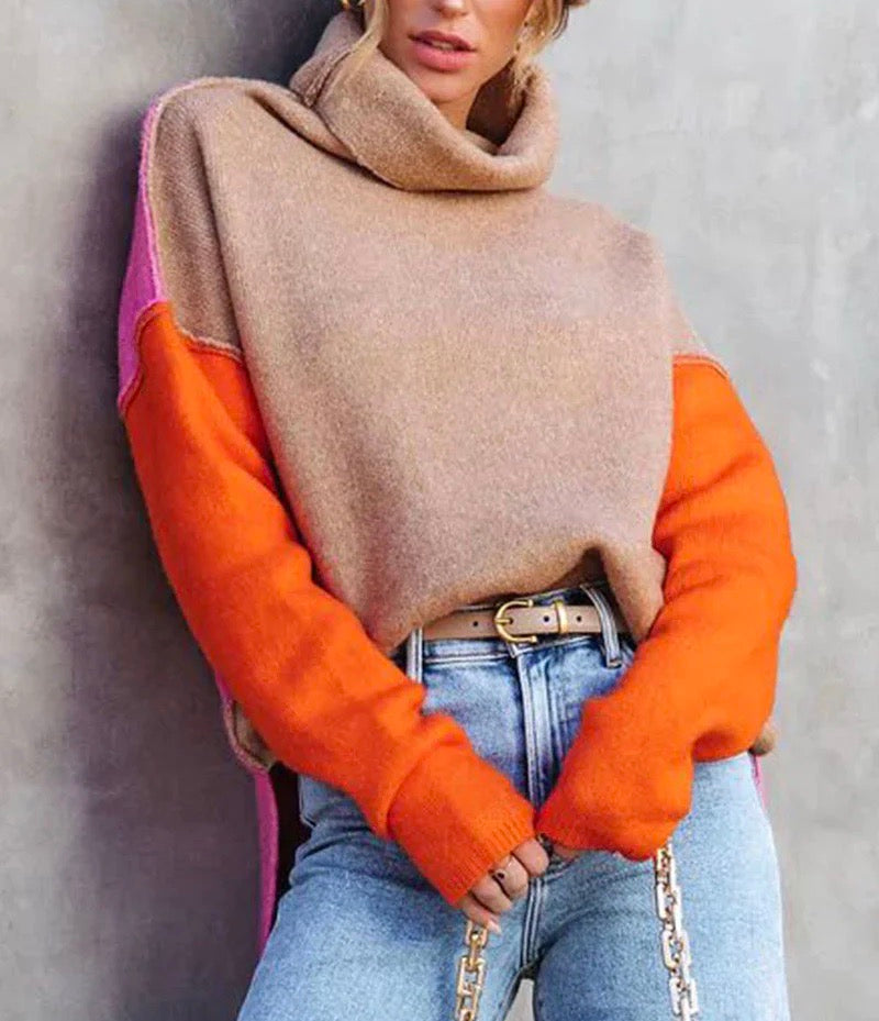 Rollkragenpullover im Farbblock-Design