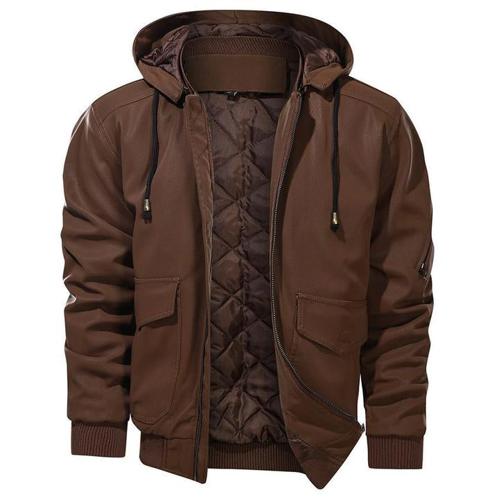 Herren Vegan Lederjacke mit Kapuze