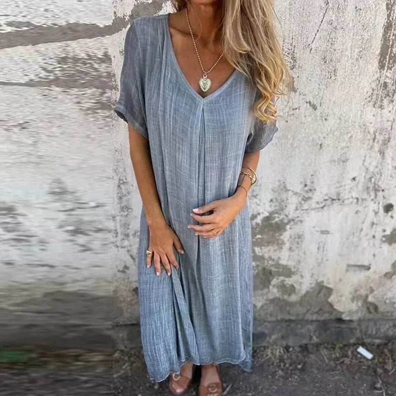 Halbamtliches Kleid aus Leinen mit V-Ausschnitt