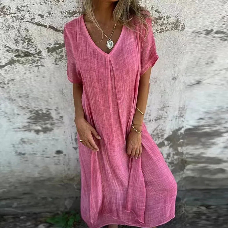 Halbamtliches Kleid aus Leinen mit V-Ausschnitt