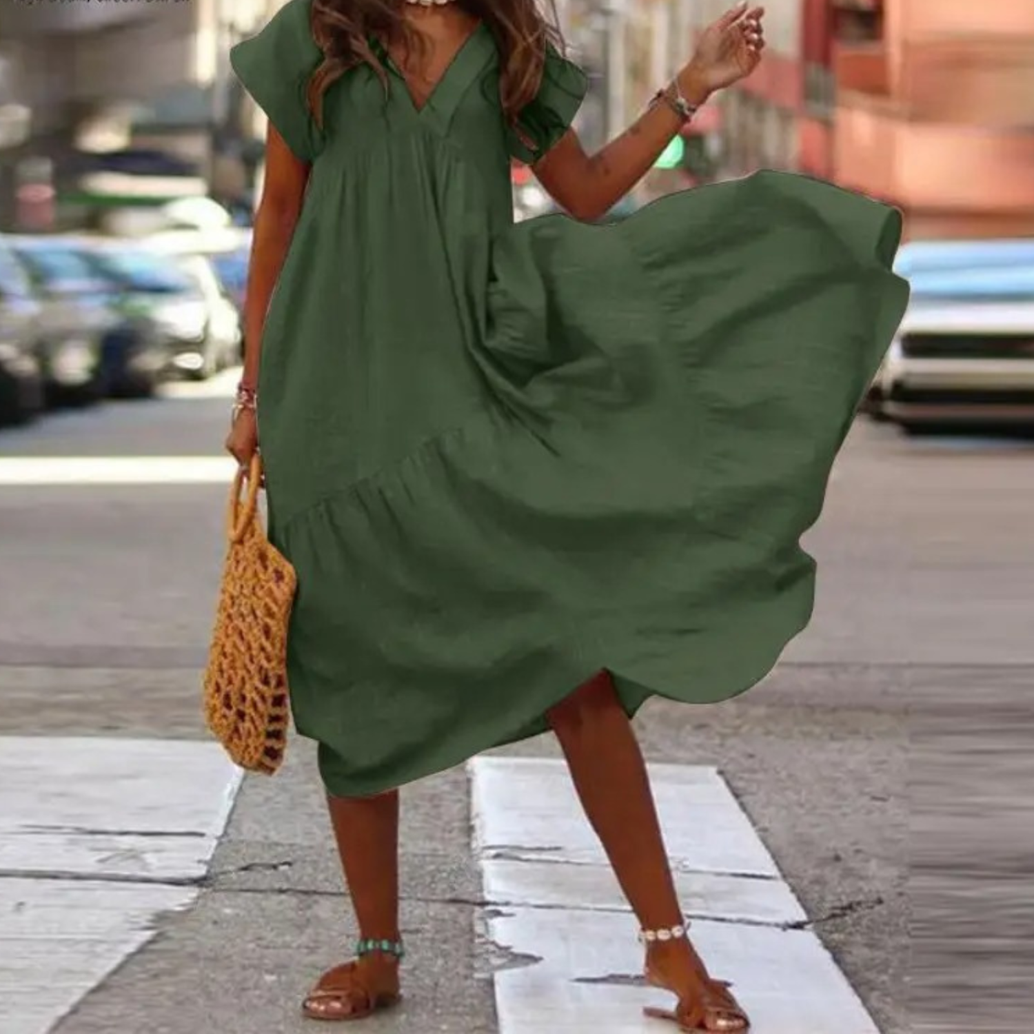 Maxi-Blusenkleid mit V-Ausschnitt und Rüschen
