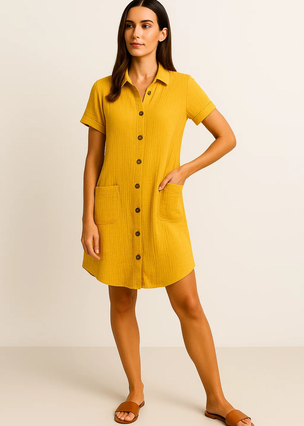 Damen_Geknopftes_Sommerhemdkleid_Yellow.webp