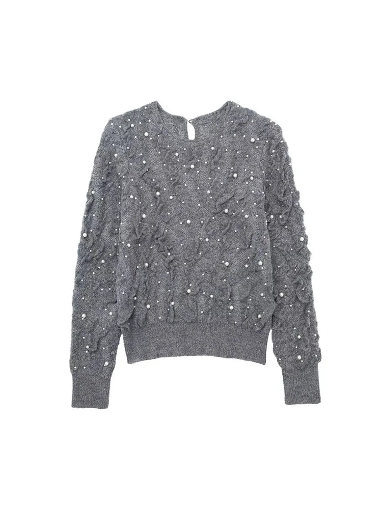 Damen Strickpullover Perlen