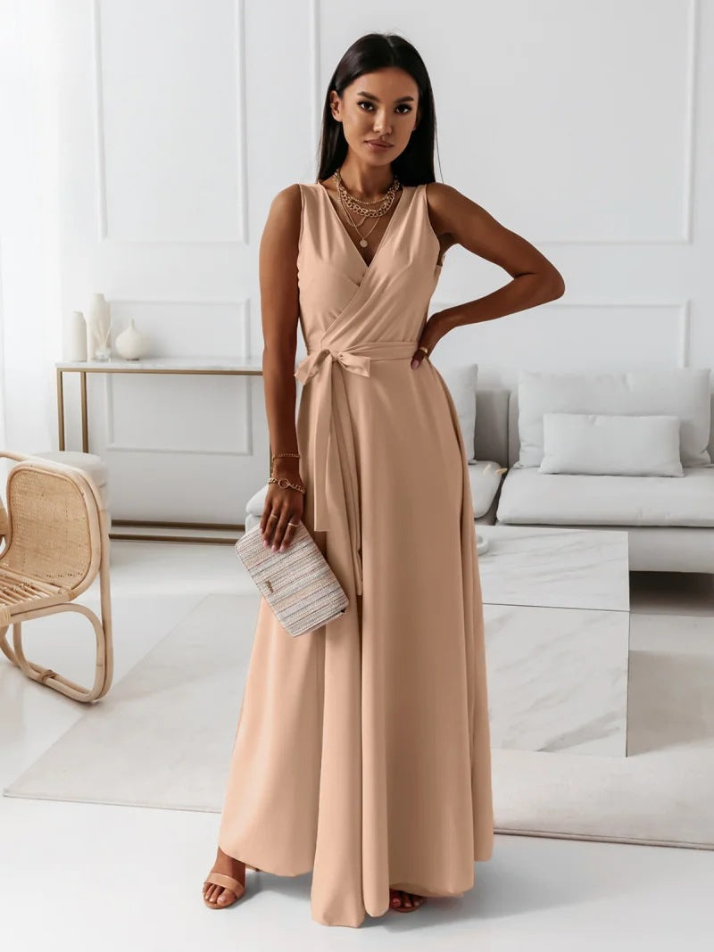 Einfarbig V-Ausschnitt Langes Kleid