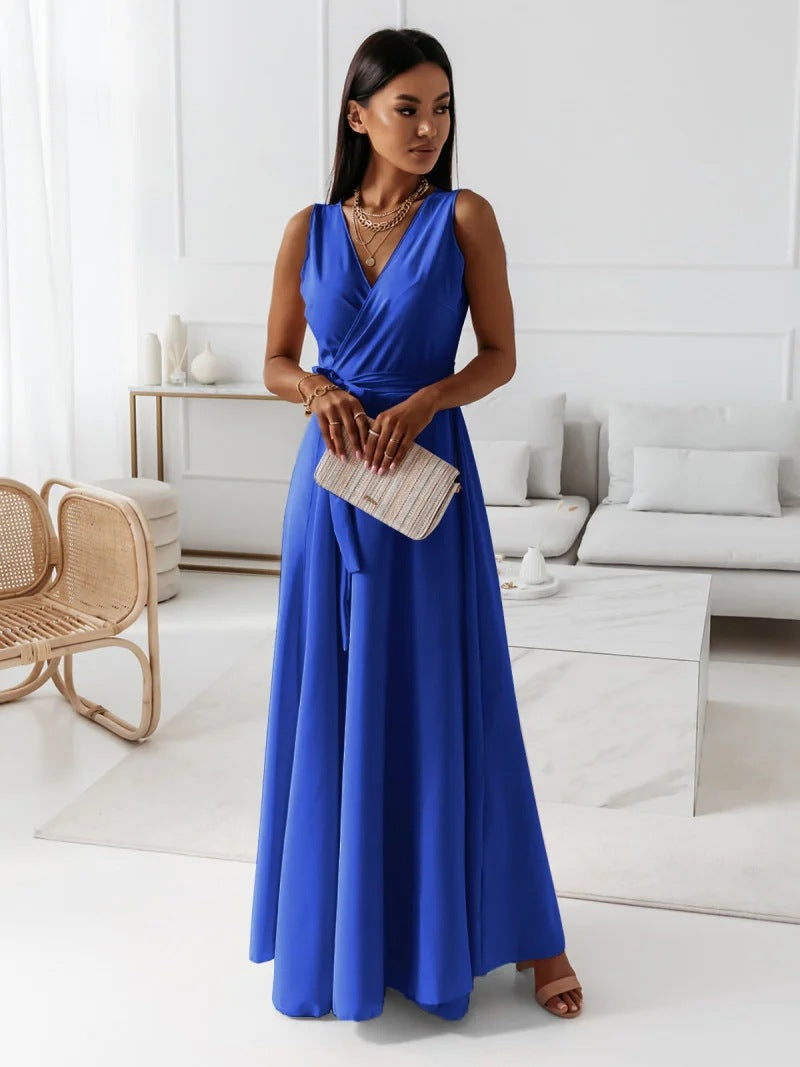 Einfarbig V-Ausschnitt Langes Kleid