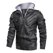 Herren Lederjacke mit abnehmbarer Kapuze und Taschen