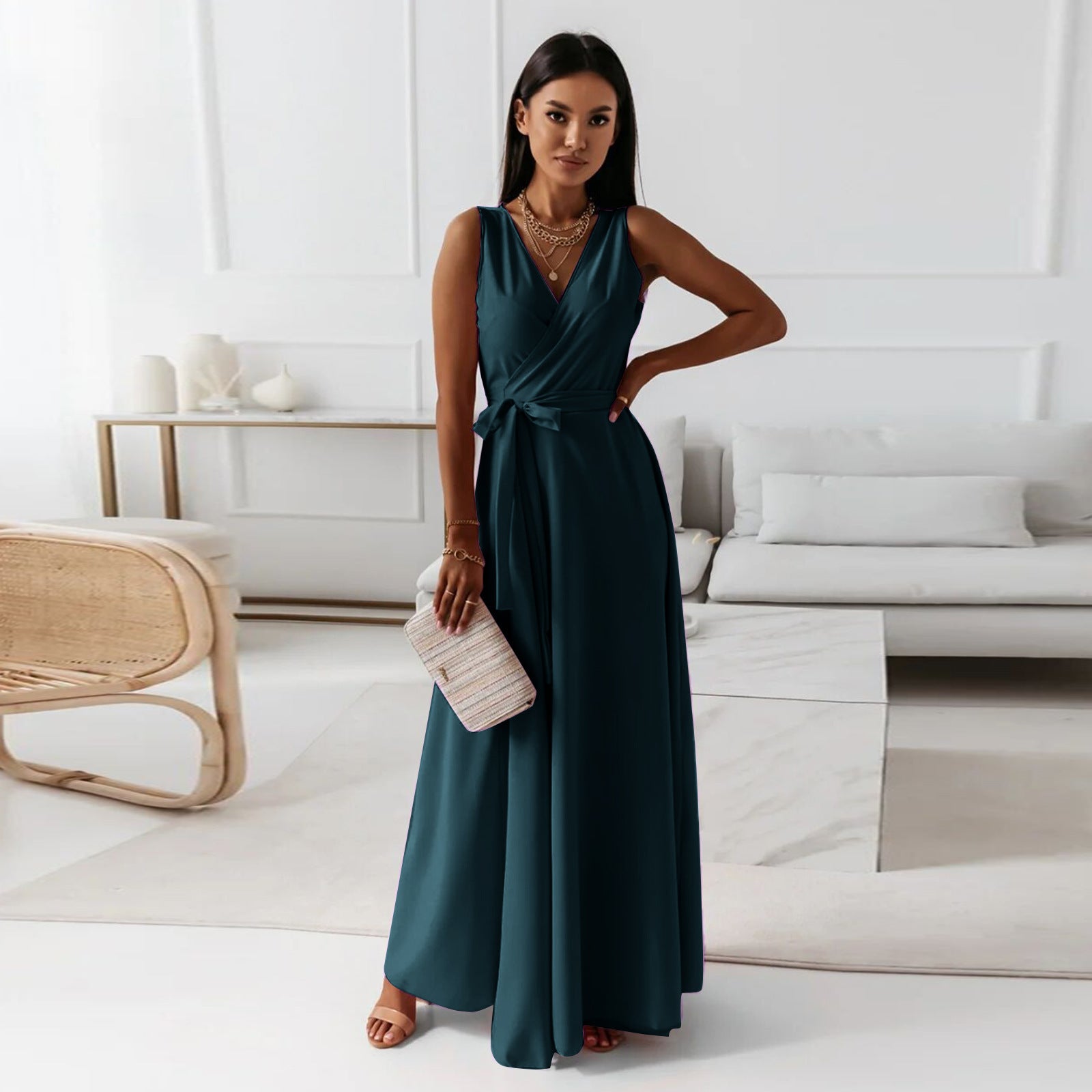 Einfarbig V-Ausschnitt Langes Kleid