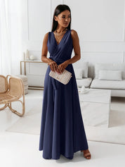 Einfarbig V-Ausschnitt Langes Kleid