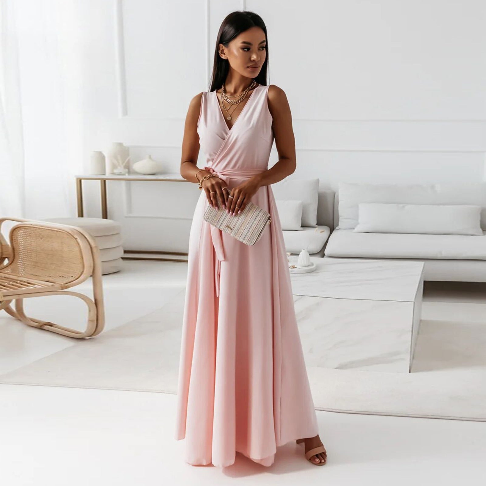 Einfarbig V-Ausschnitt Langes Kleid
