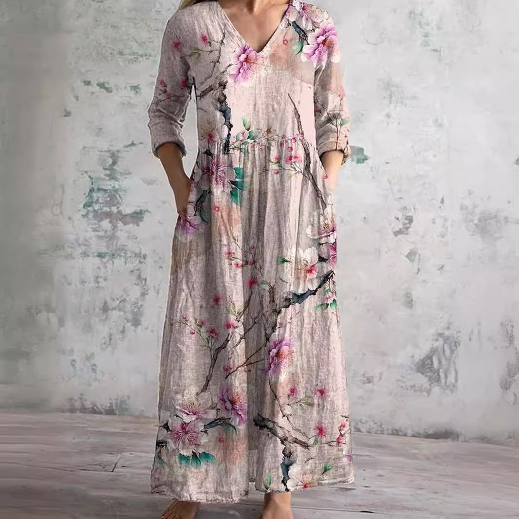 Geblümtes Maxikleid mit Dreiviertelärmeln
