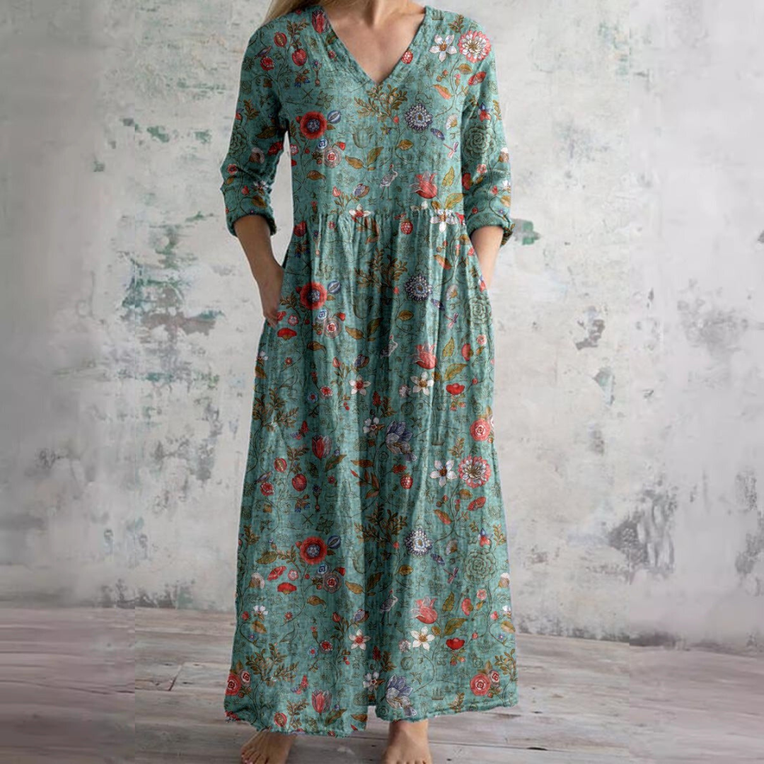Geblümtes Maxikleid mit Dreiviertelärmeln