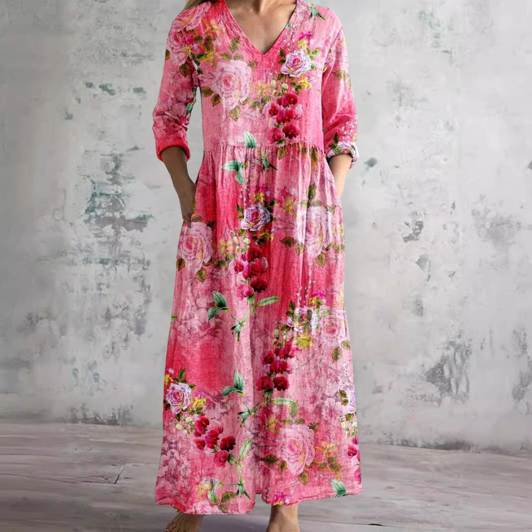 Geblümtes Maxikleid mit Dreiviertelärmeln