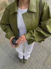 Armeegrün Übergroße Lederjacke