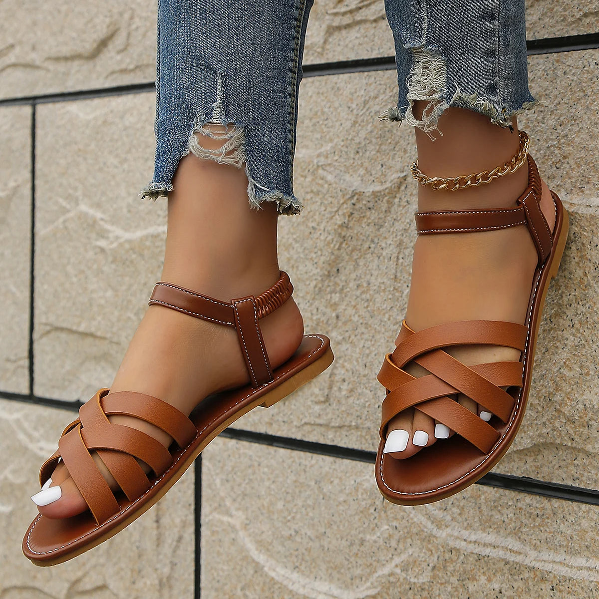 Flache Damen Riemchensandalen