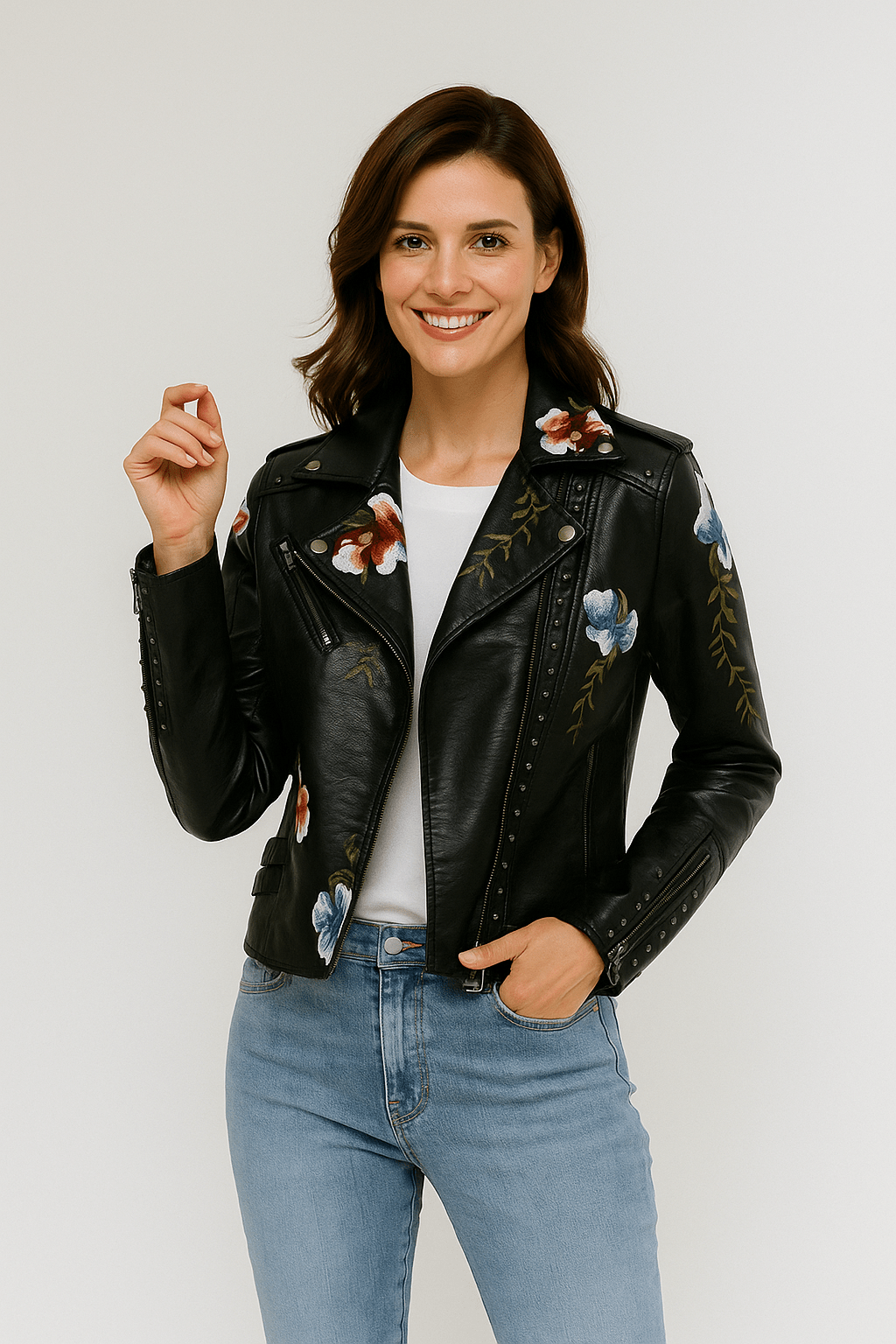 Modische Floral Vegane Lederjacke