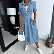 Vintage Denim Kurzarm Midikleid